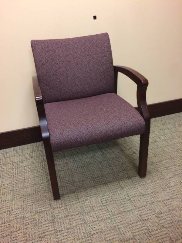 lot 1 image: MSRP $1400 Integra Seating Co Keoki Hard Maple Upholstered Closed Back Transitional Arm Chair - Lifetime Warranty - Excellent Condition