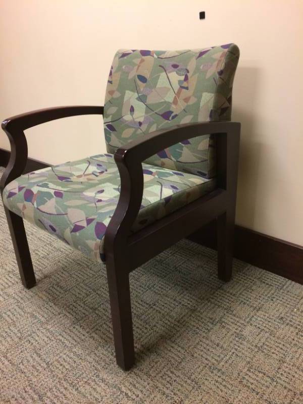 lot 2 image: MSRP $1400 Integra Seating Co Keoki Hard Maple Leaf Pattern Upholstered Closed Back Transitional Arm Chair - Lifetime Warranty - Excellent Condition