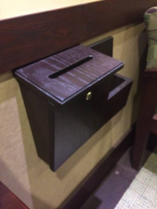 lot 119 image: Dark Brown Wood Wall Mount Envelope Collection Payment Slot & Brochure Holder - Excellent Condition