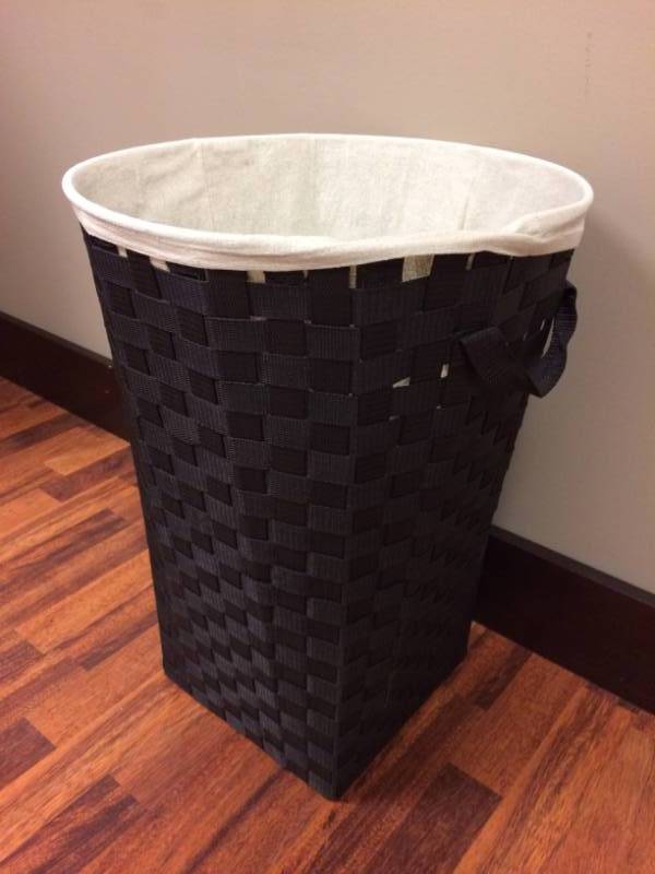 lot 19 image: Tall Dark Brown Woven Cloth Lined Waste Basket - Excellent Condition
