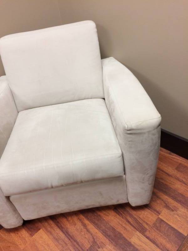 lot 27 image: MSRP $2500 Integra Seating Co The Lounge Collection Rendezvous Seating Higher Back Upholstered Arm Chair - Lifetime Warranty - Excellent Condition - Very Minor Wear At Edge Of Arms - Easy Cleanup  