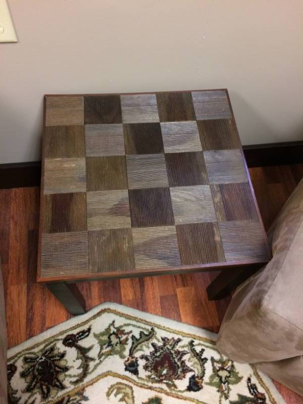 lot 36 image: Beautiful Dark Reclaimed Wood Parquet Accent Table - Excellent Condition