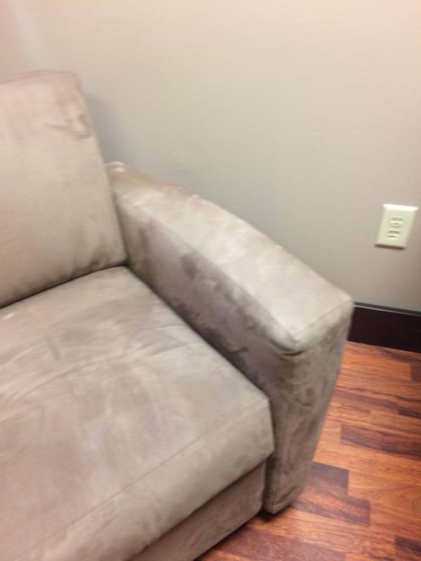 lot 38 image: MSRP $2500 Integra Seating Co The Lounge Collection Rendezvous Seating Higher Back Upholstered Arm Chair - Lifetime Warranty - Excellent Condition - Very Minor Wear At Edge Of Arms - Easy Cleanup  