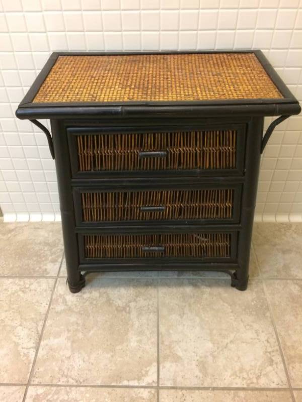 lot 100 image: Super Retro Cool Rattan Bamboo 3 Drawer Cabinet - Couple Loose Binding - Other Than That Great Condition