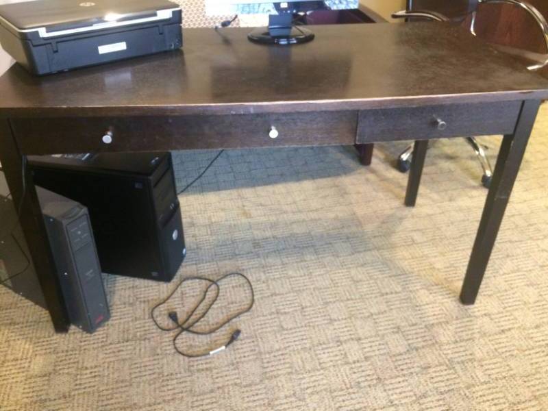 lot 109 image: Lovely & Sleek Brown Wood Home Office Desk - Excellent Condition