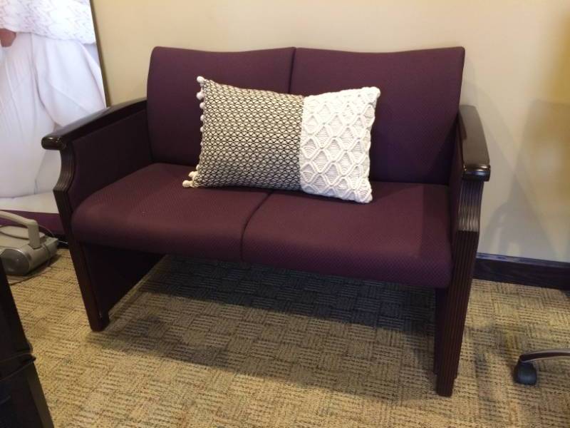 lot 132 image: MSRP $3000 Integra Seating Co Keoki Hard Maple Upholstered Closed Back Transitional Arm Settee Double Seat Chair - Lifetime Warranty - Excellent Condition