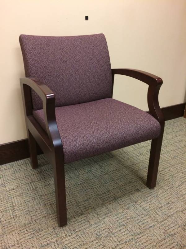 lot 144 image: MSRP $1400 Integra Seating Co Keoki Hard Maple Upholstered Closed Back Transitional Arm Chair - Lifetime Warranty - Excellent Condition