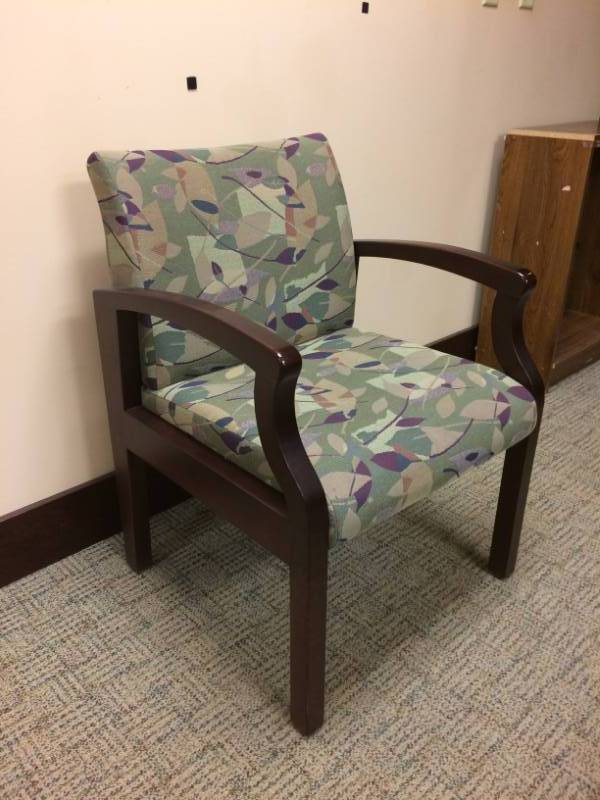 lot 158 image: MSRP $1400 Integra Seating Co Keoki Hard Maple Leaf Pattern Upholstered Closed Back Transitional Arm Chair - Lifetime Warranty - Excellent Condition