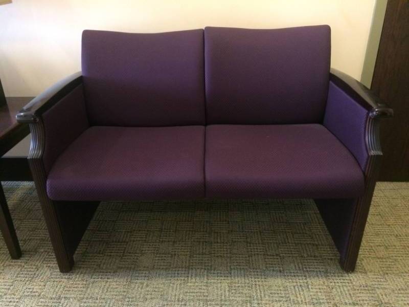 lot 131 image: MSRP $3000 Integra Seating Co Keoki Hard Maple Upholstered Closed Back Transitional Arm Settee Double Seat Chair - Lifetime Warranty - Excellent Condition
