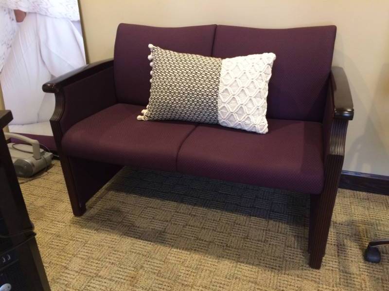 lot 7 image: MSRP $3000 Integra Seating Co Keoki Hard Maple Upholstered Closed Back Transitional Arm Settee Double Seat Chair - Lifetime Warranty - Excellent Condition