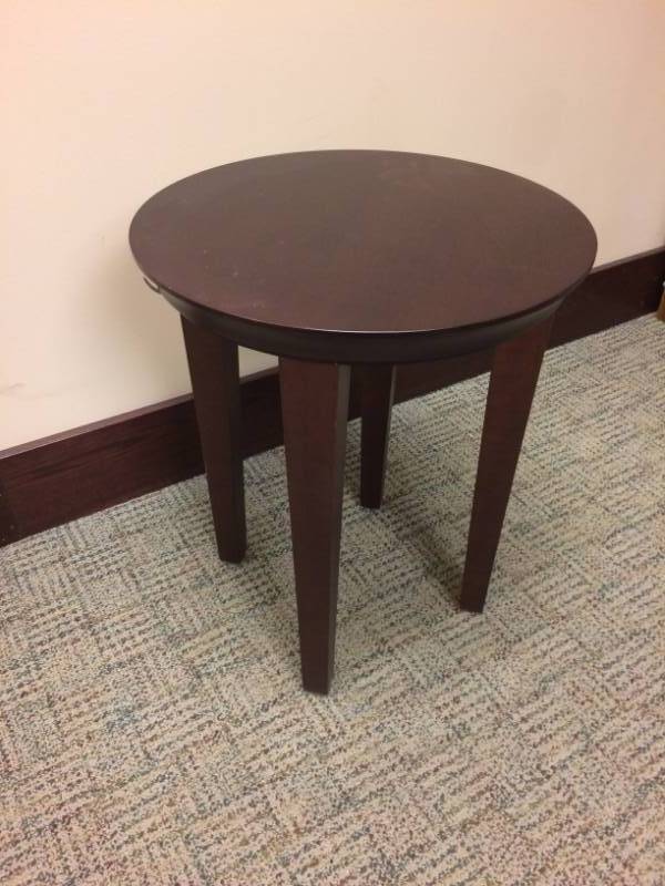 lot 3 image: MSRP $1200 Intregra Seating Co A-Table Custom Dark Hard Maple 18x21 Round Side Lamp Table With Cove Edge & Taper Legs - Lifetime Warranty - Excellent Condition