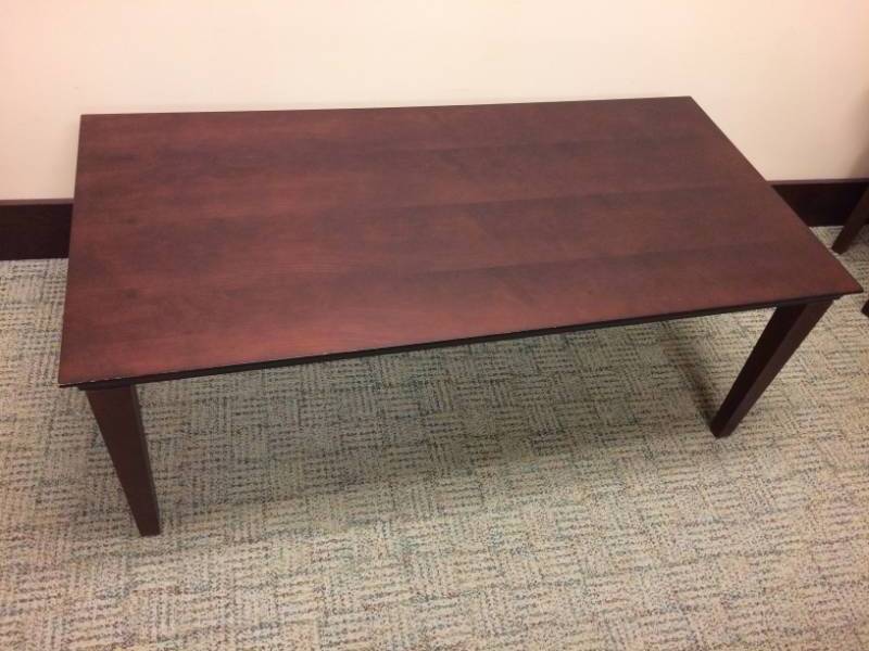 lot 4 image: MSRP $1600 Intregra Seating Co A-Table Custom Dark Hard Maple&nbsp48x24x18&nbspRectangle Coffee Table With Cove Edge & Taper Legs - Lifetime Warranty - Excellent Condition