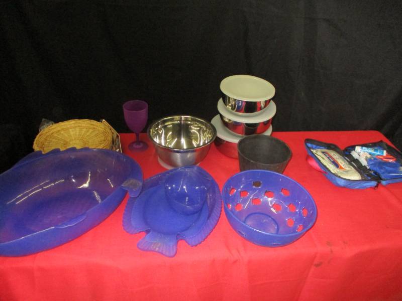 Stainless bowls with Covers, fish Dcor party serving pieces and first aid kit