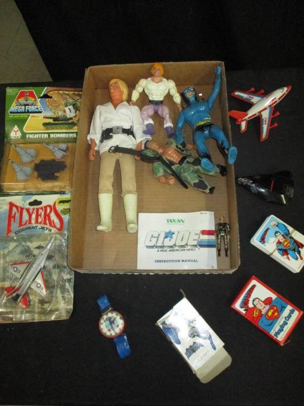 GI Joe, Superman cards, TWA Plane, Stealth Fighter Plane, and Flyers Combat Jets and Mega Force Fighter Bombers