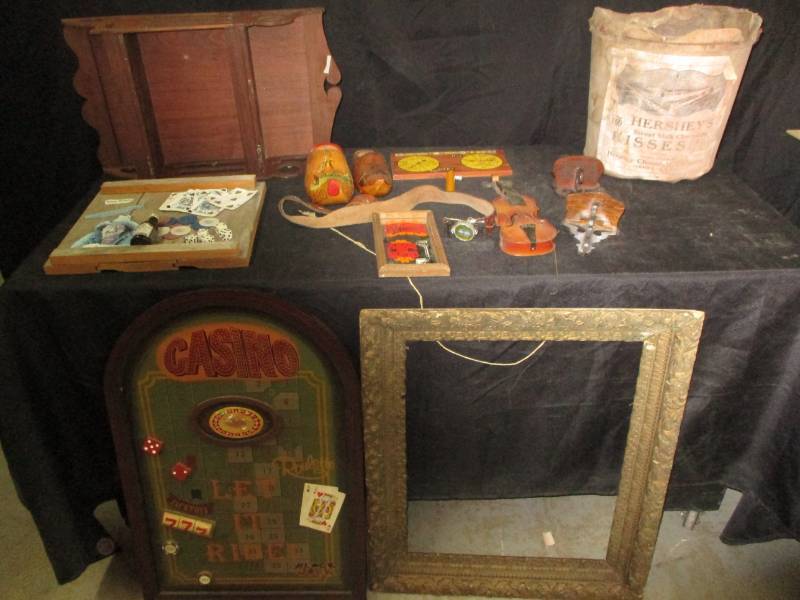 Casino and gambling decorations, Old antique shelf, kids leather belt,Wooden shoes and more