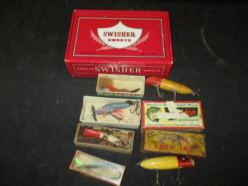 Old Lures and Plugs and swisher Cigar Box