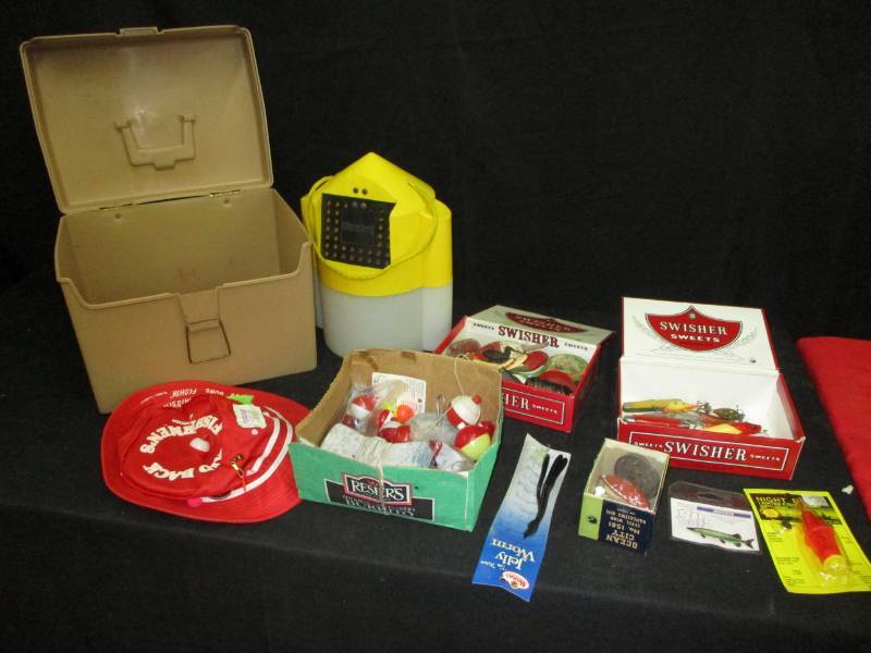 Minnow Bucket, Lots of old fishing lures and plugs, fishing cap, lotys of bobbers, weights and more