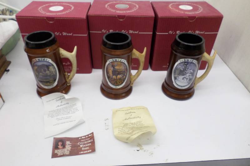 3 Schmidts Wooden Steins Black Bear 3193, Autumn Buck 1329, American Eagle 1327
