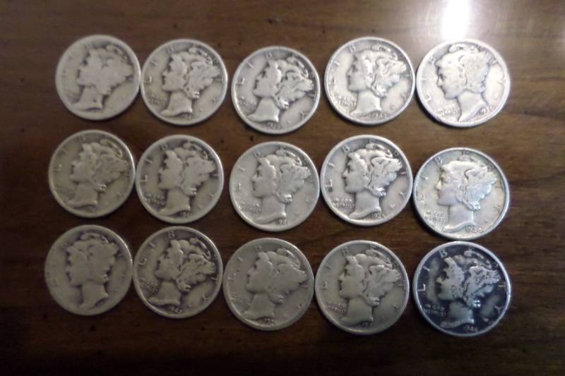 Lot of 15 Mercury Dimes 1919-1944, Various Mint Marks