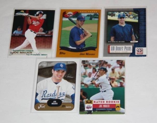 lot 73 image: Joe Mauer Rookie and Minor League Baseball Card Lot  5 Cards