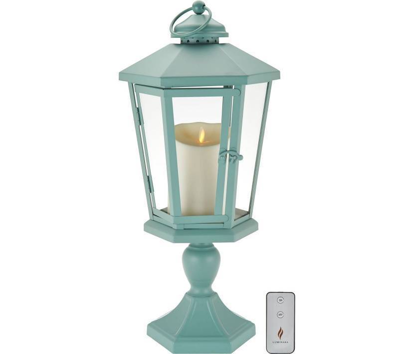 lot 116 image: Pair of Luminara 17 Windsor Lanterns with Pedestal & Flameless Candle (Slate Green)