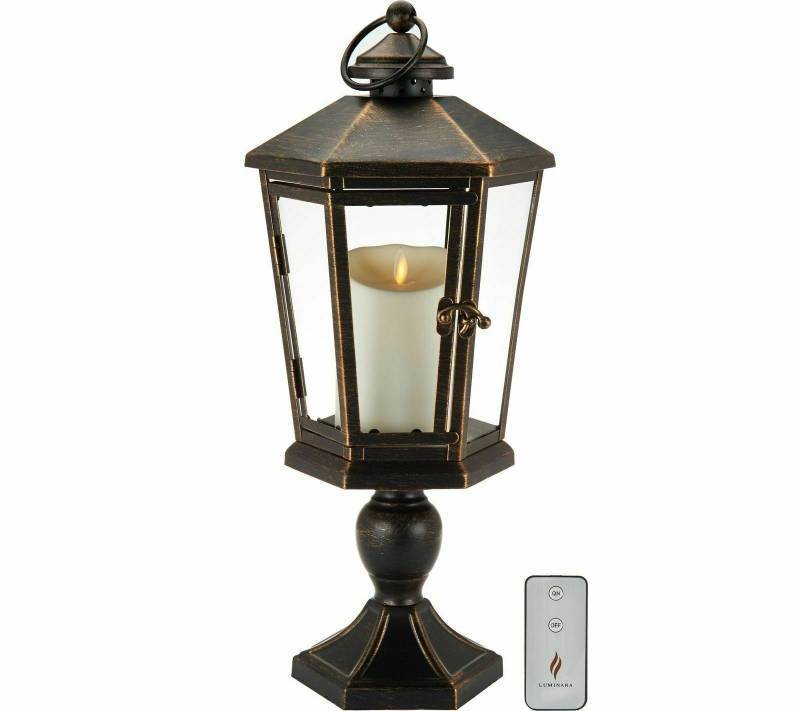 lot 104 image: Pair of Luminara 17 Windsor Lanterns with Pedestal & Flameless Candle (Bronze)