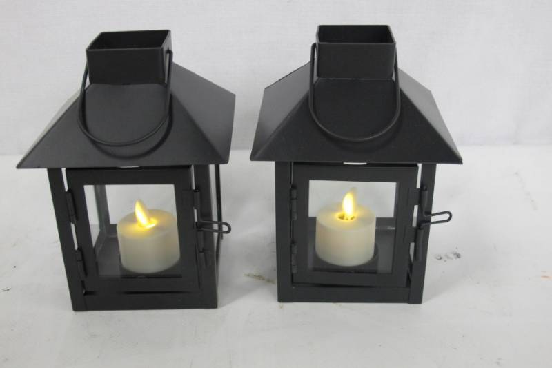 lot 64 image: Luminara Set of 2 Mini Lanterns (Black)  with 2 Oscillating Tea Lights and Remotes (2) - Works