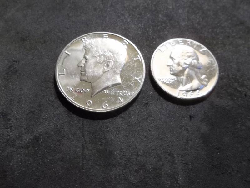 lot 69 image: 1964 JFK Silver Half Dollar Proof, 1964 Washington Quarter Proof