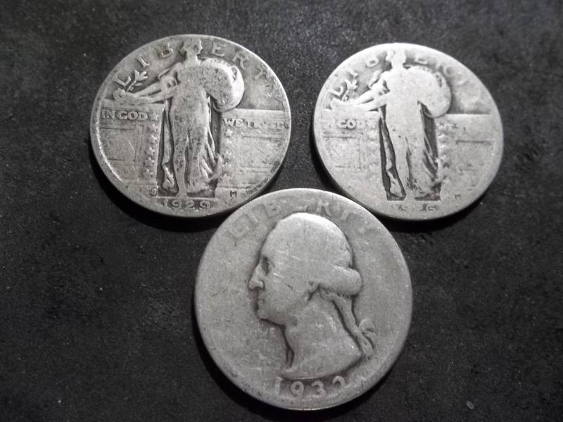 lot 73 image: 1926, 1929 S Standing Liberty Quarters & 1932 Washington Quarter(1st Year)