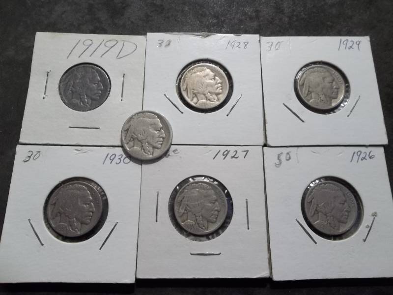 lot 79 image: 7-Buffalo Nickels-1919, 1919 D, 1926, 1927, 1928, 1929, 1930