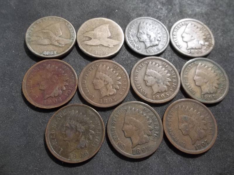 lot 128 image: 1857, 1858 Flying Eagles, 9 Indian Head Cents 1889-1907 Random Dates