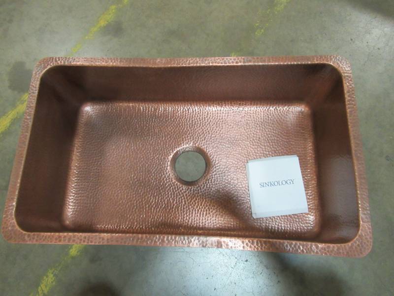 lot 26 image: Sinkology Lange Pure Hammered Copper Single Bowl Kitchen Sink in Antique Copper, Center Drain SEK307-30AC