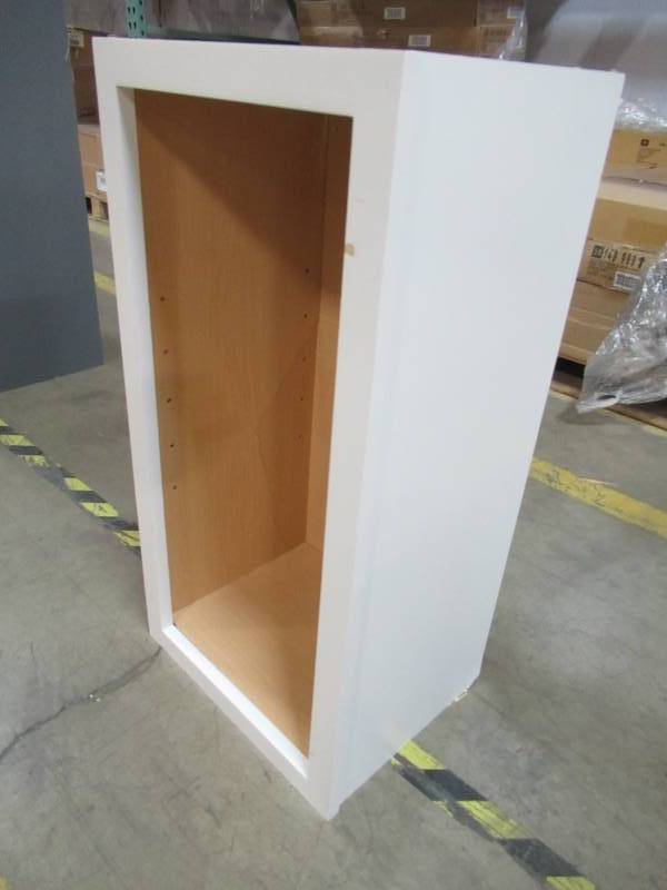 lot 28 image: Hampton Bay Melvern Assembled 15x30x12 in. Wall Kitchen Cabinet in White - Missing Door and LH Wall Is Cracked. W1530-MLWH.