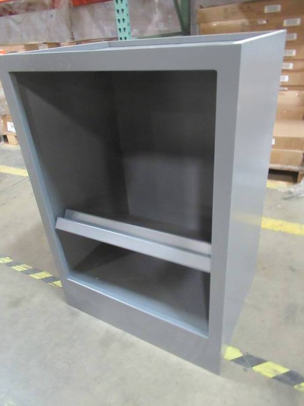 lot 29 image: Kitchen Wall Cabinet in Gray 24 X 18 X 34 12 Tall. Missing Door.