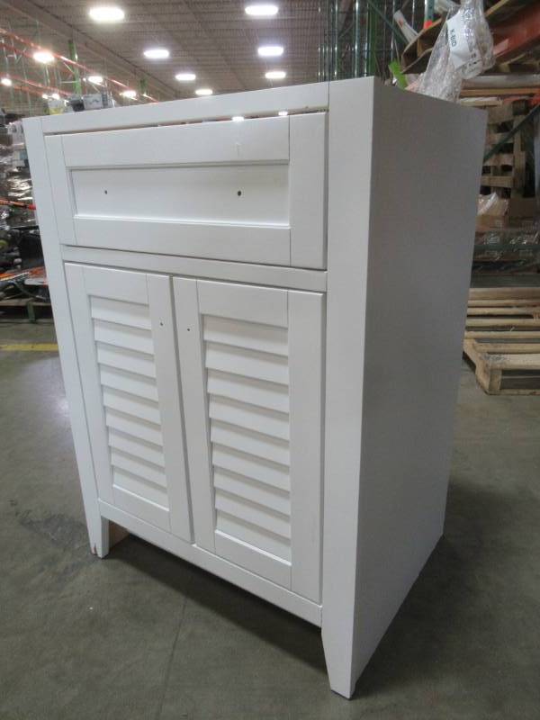 lot 34 image: Pinyon 24 Single Bathroom Vanity Set, 32006995 - Missing vanity Top, Door Pulls, small chip bottom LH Leg, & Cracked Upper Back Brace Board..