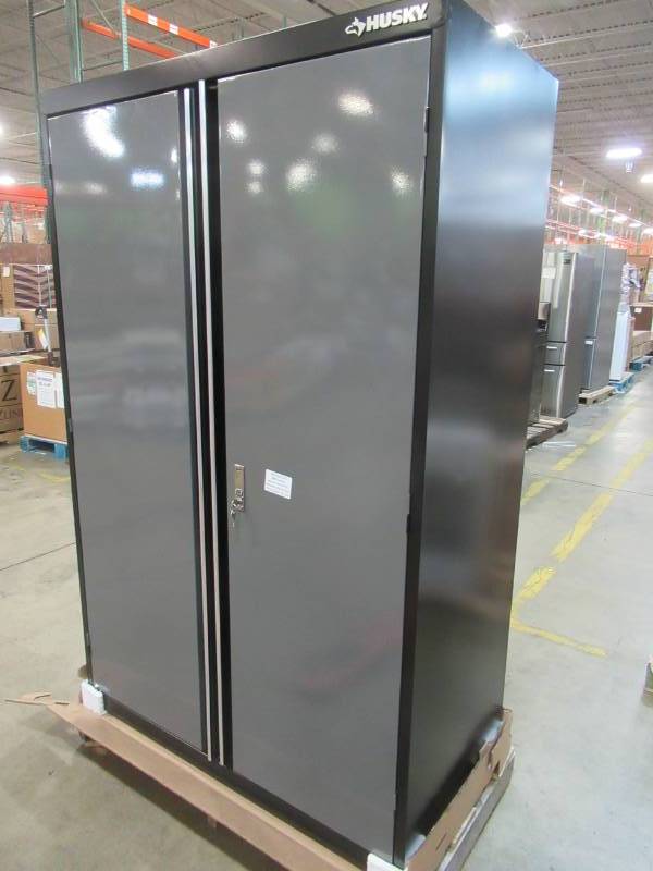 lot 19 image: Husky 72 in. H x 46 in. W x 24 in. D Welded Steel Floor Cabinet in BlackGray, KF3F462472-H9 - Very slight Dings - Like New Condition.