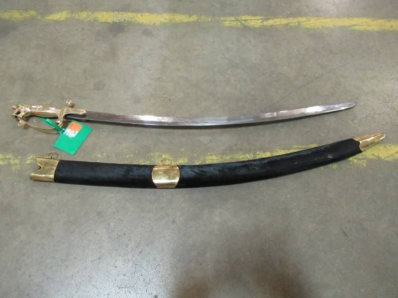lot 155 image: Gold Colored Handled Sword with Black Velvet Case - MACHINE MADE BLADE, UNSHARPENED