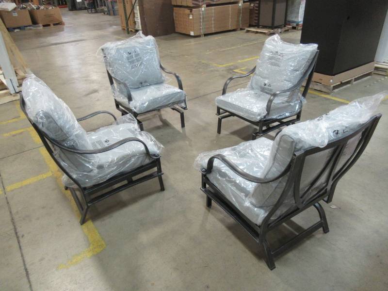 lot 175 image: Hampton Bay Highland Point 4-Piece Aluminum Patio Set with Gray Cushions. - New Out of Box