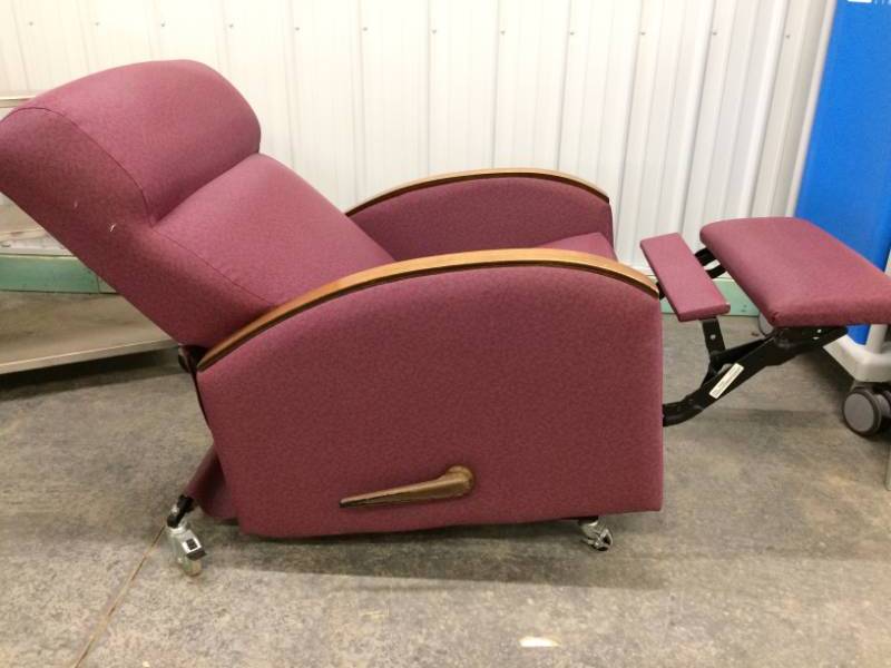 Beautiful &amp Soft Cushy Medical Grade Mobile Recliner Chair With Washable Surface On Wheel...Could Easily Be A Bed For Someone (That Comfortable) Great Condition - Minor Wear To Wood Arms and Two Very Small Cuts On Side To Upholstery Shown In Pictures