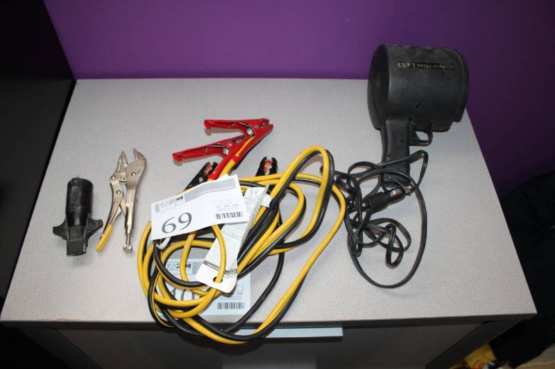 lot 69 image: Jumper Cables, LSI 1Million CP Spotlight, Vise Grips, Connector