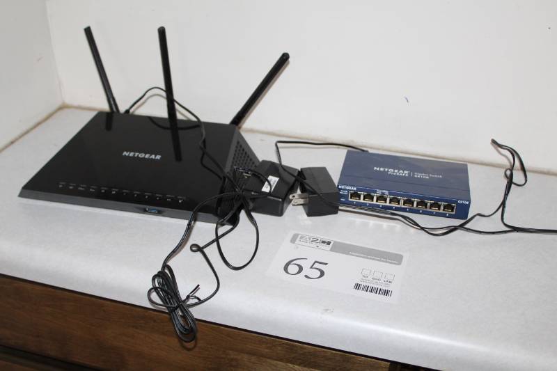 lot 65 image: Lot of (2) Netgear AC1750 Smart WiFi Router R6400, ProSafe Gigabit Switch GS108