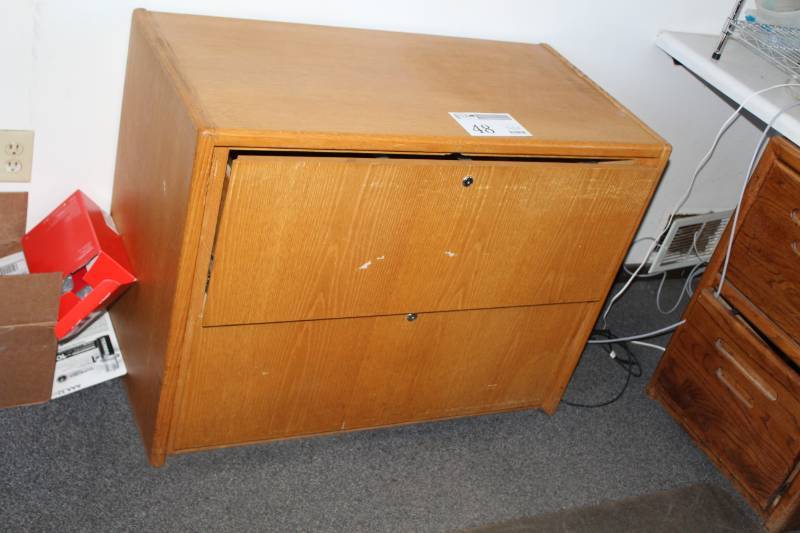 lot 48 image: Wood Lateral File Cabinet with 2-Locking Drawers