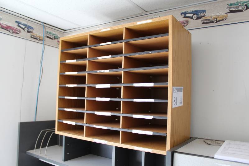 lot 81 image: 24-bin Wood Letter Organizer Cabinet