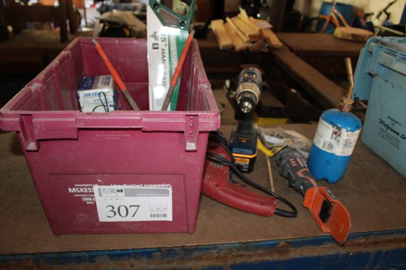 lot 307 image: Propane Torch, JobMax Sawzall, Ryobi Cordless Drill, Drill, Sheet Metal Shears, Fasteners, And More