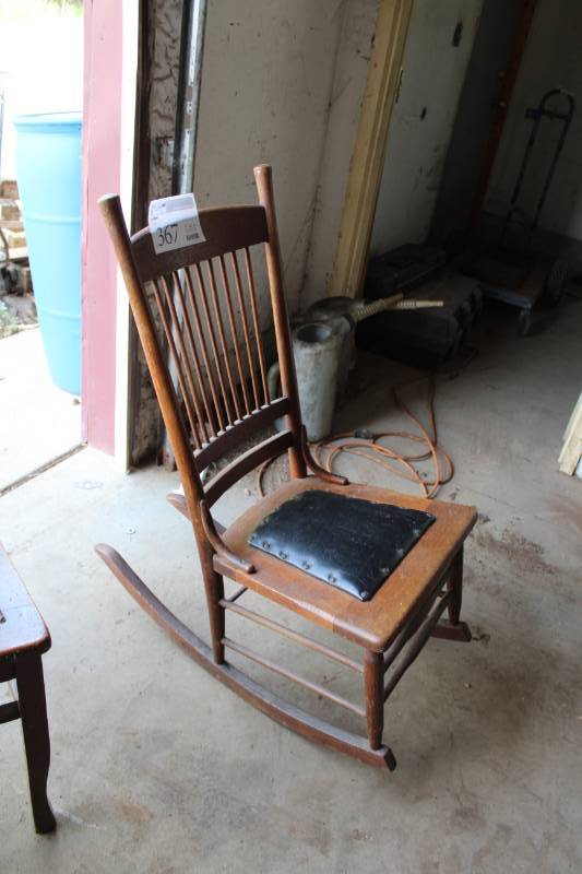 lot 367 image: Wood Rocking Chair with Black Leather Seat Pad