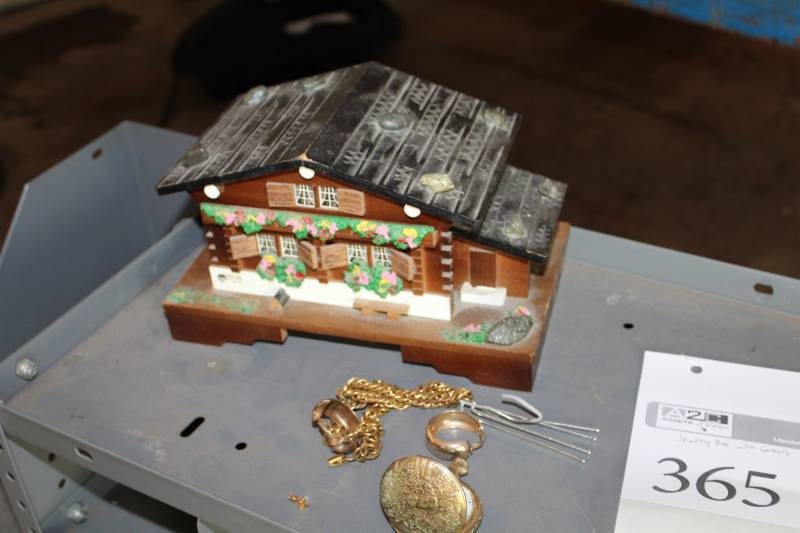 lot 365 image: Jewelry Music Box with Jewelry, Earrings, Necklaces, Pocket Watch