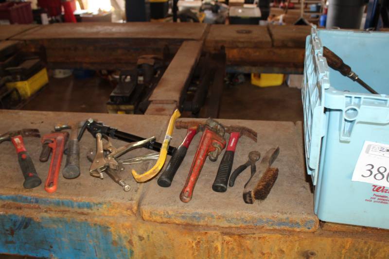 lot 380 image: Hammers, Pipe Wrench, Pliers, Vise Grips, Pry Bar, And More Hand Tools