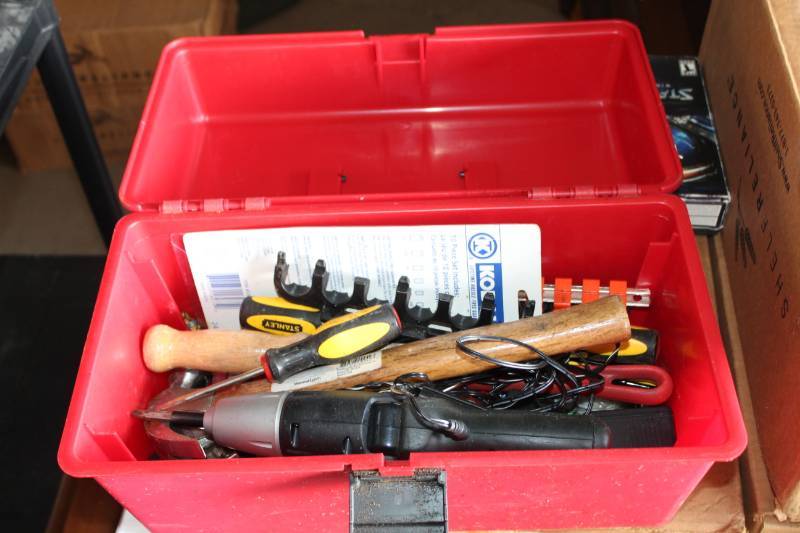 lot 246 image: Plastic Tool Box, Screwdrivers, Drill Driver, Hammer and More Hand Tools