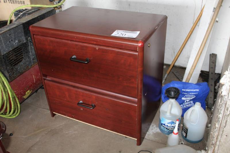 lot 220 image: Wood Lateral File Cabinet with 2-Locking Drawers