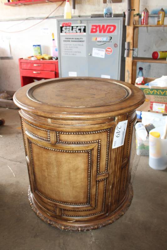 lot 249 image: Old World Map Wood Side Table with Pull-Out Table